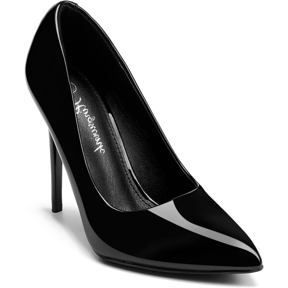 Womens Black Polyurethane (PU) Pointed Closed Toe Slip On Heels Leather Pumps